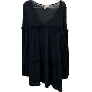 FP Beach Free People Black Tiered Ruffle Slub Knit V-Neck Mini Dress Large